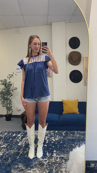 Load and play video in Gallery viewer, 30059 - Geometric Print Top with Ruffle Sleeves
