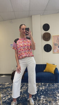 Load and play video in Gallery viewer, 30005 - Abstract Print Half Sleeve Top with Lace Shoulders
