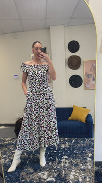 Load and play video in Gallery viewer, 6788 - Multi Leopard Off Shoulder Dress with Pockets
