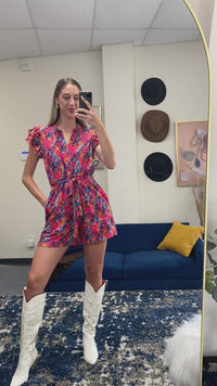 Load and play video in Gallery viewer, 50065 - Leopard V-Neck Ruffle Sleeve Romper with Pockets
