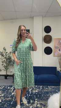 Load and play video in Gallery viewer, 50041 - V - Neck Leaf Print Dress with Pockets
