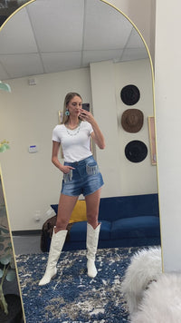 Load and play video in Gallery viewer, 10759 - Rhinestone Fringe Shorts
