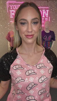 Load and play video in Gallery viewer, 10978 - Cowboy Hat Half Sleeve Top with Fringe &amp; Sequin
