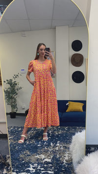 Load and play video in Gallery viewer, 10998 - Orange Leopard Midi Dress
