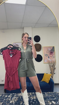 Load and play video in Gallery viewer, 50048 - V-Neck Ruffle Sleeve Romper with Pockets - Grey
