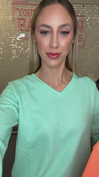 Load and play video in Gallery viewer, 50035 - V-Neck 3/4 Sleeve Knit Top with Accent Button - Coral
