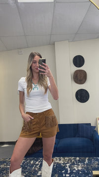 Load and play video in Gallery viewer, 10751 - Brown Suede Fringe Shorts
