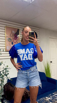 Load and play video in Gallery viewer, 50139 - Game Day Sequin Bubble Sleeves Top - Royal Blue
