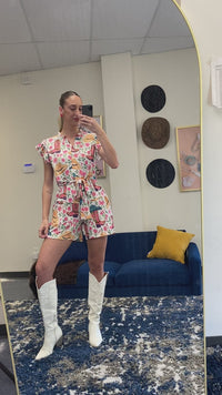 Load and play video in Gallery viewer, 50006 - Ruffle Sleeves Floral and Western Print Romper with Pockets
