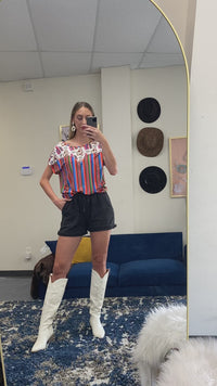 Load and play video in Gallery viewer, 30027 - Serape and Cow Print Half Sleeve Top with Accent Buttons
