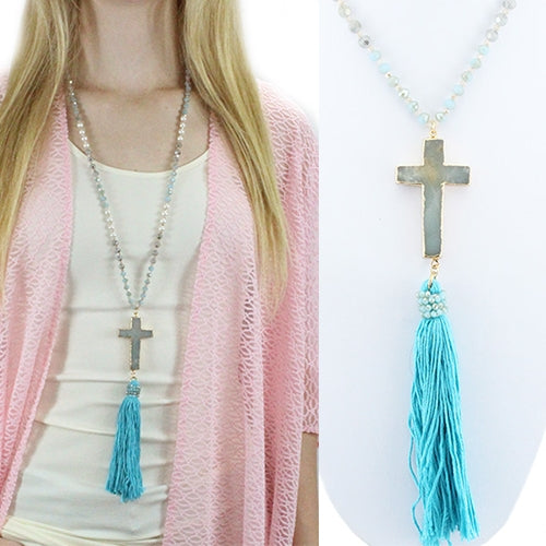 72105 - Cross Stone And Tassel Necklace  - Fashion Jewelry Wholesale