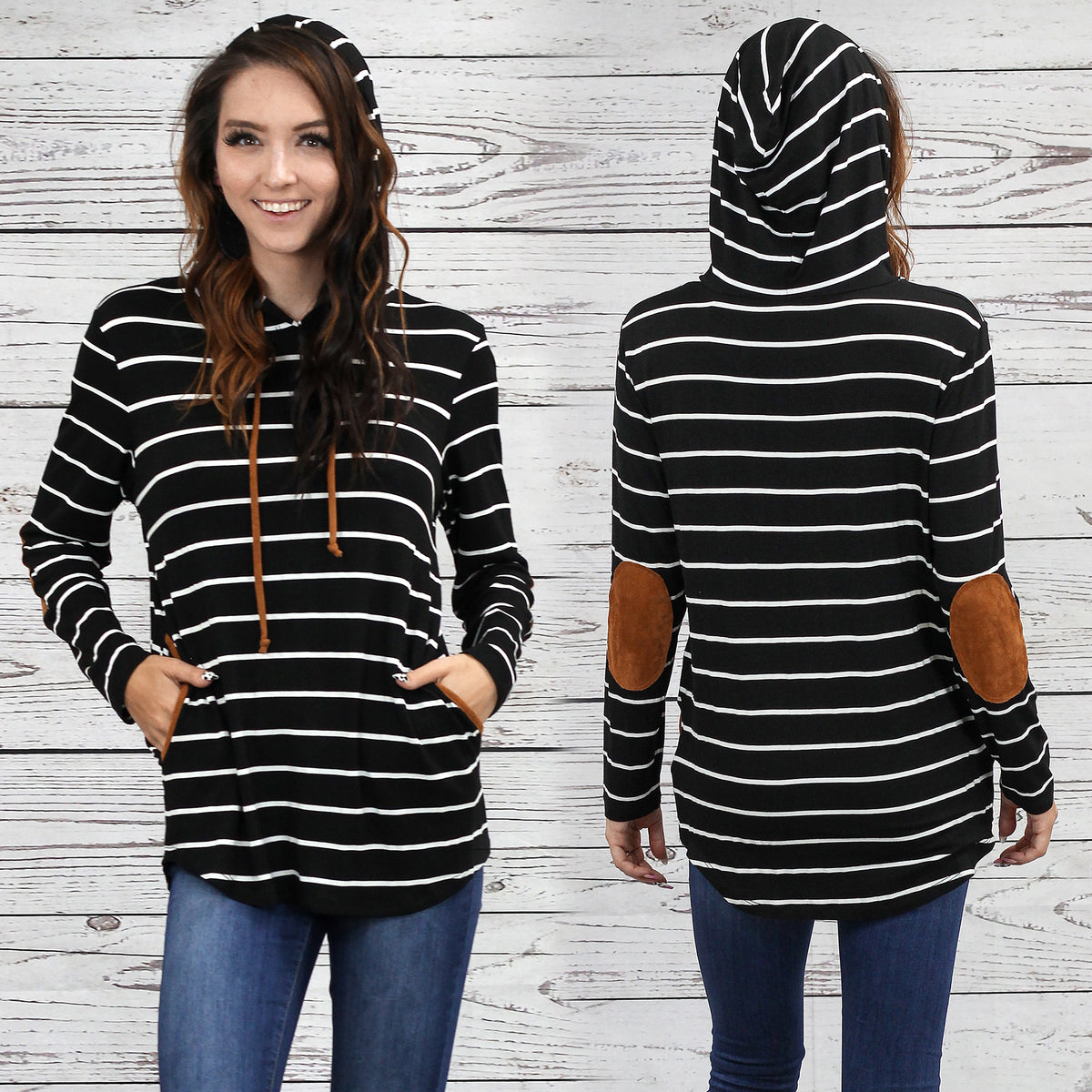 10245 - Striped Hoodie with Elbow Patches and Pockets