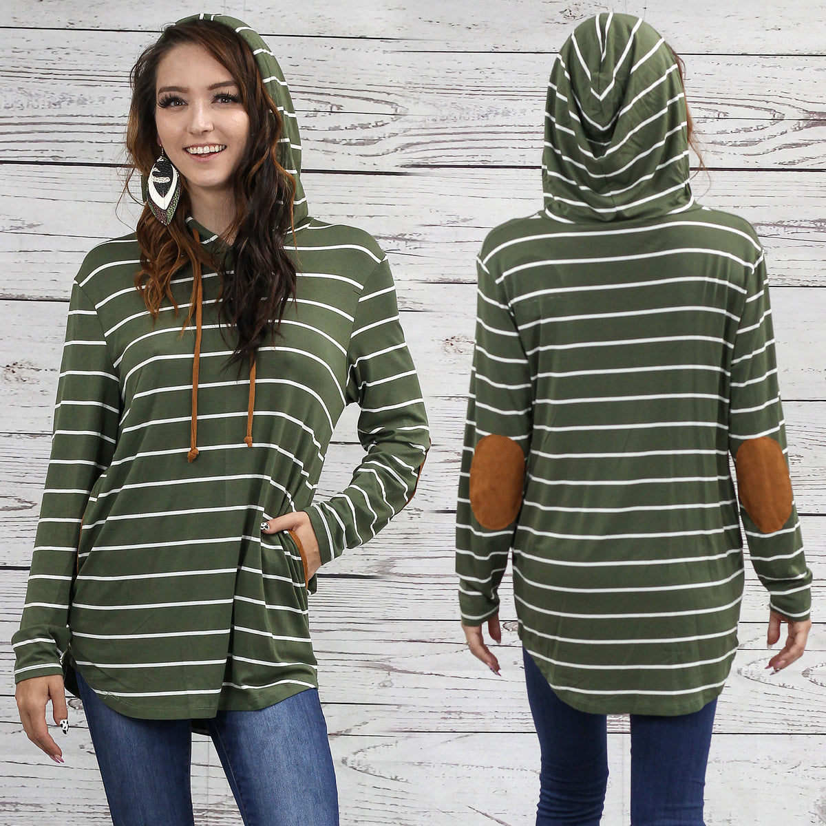 10245 - Striped Hoodie with Elbow Patches and Pockets