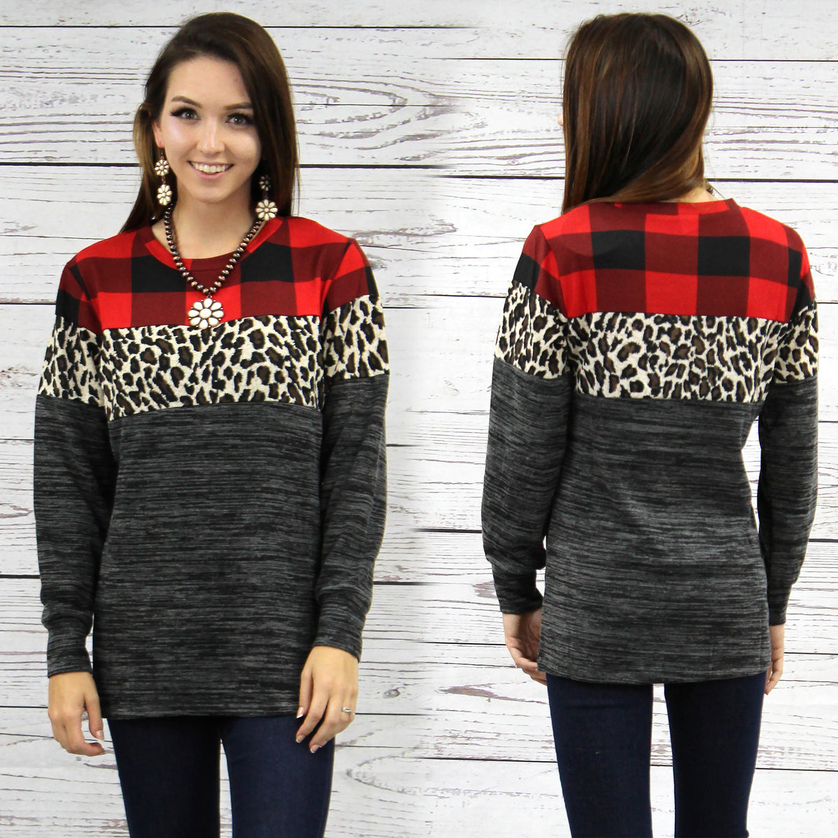 10274 - Buffalo Plaid and Leopard Color Block Top