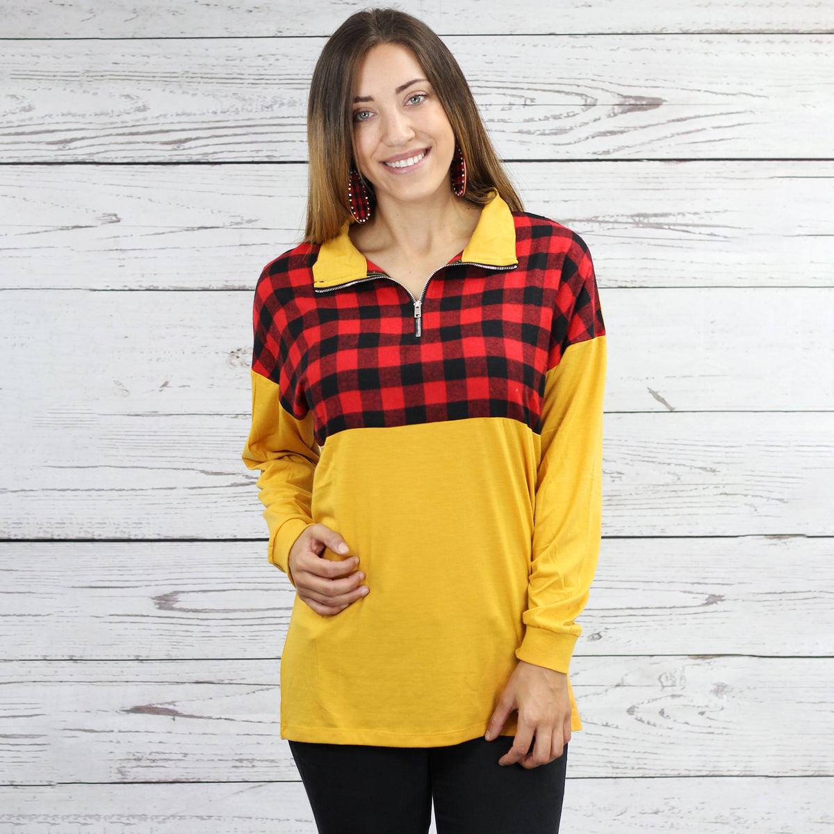 10284 - Buffalo Plaid Zip Up Top - Mustard