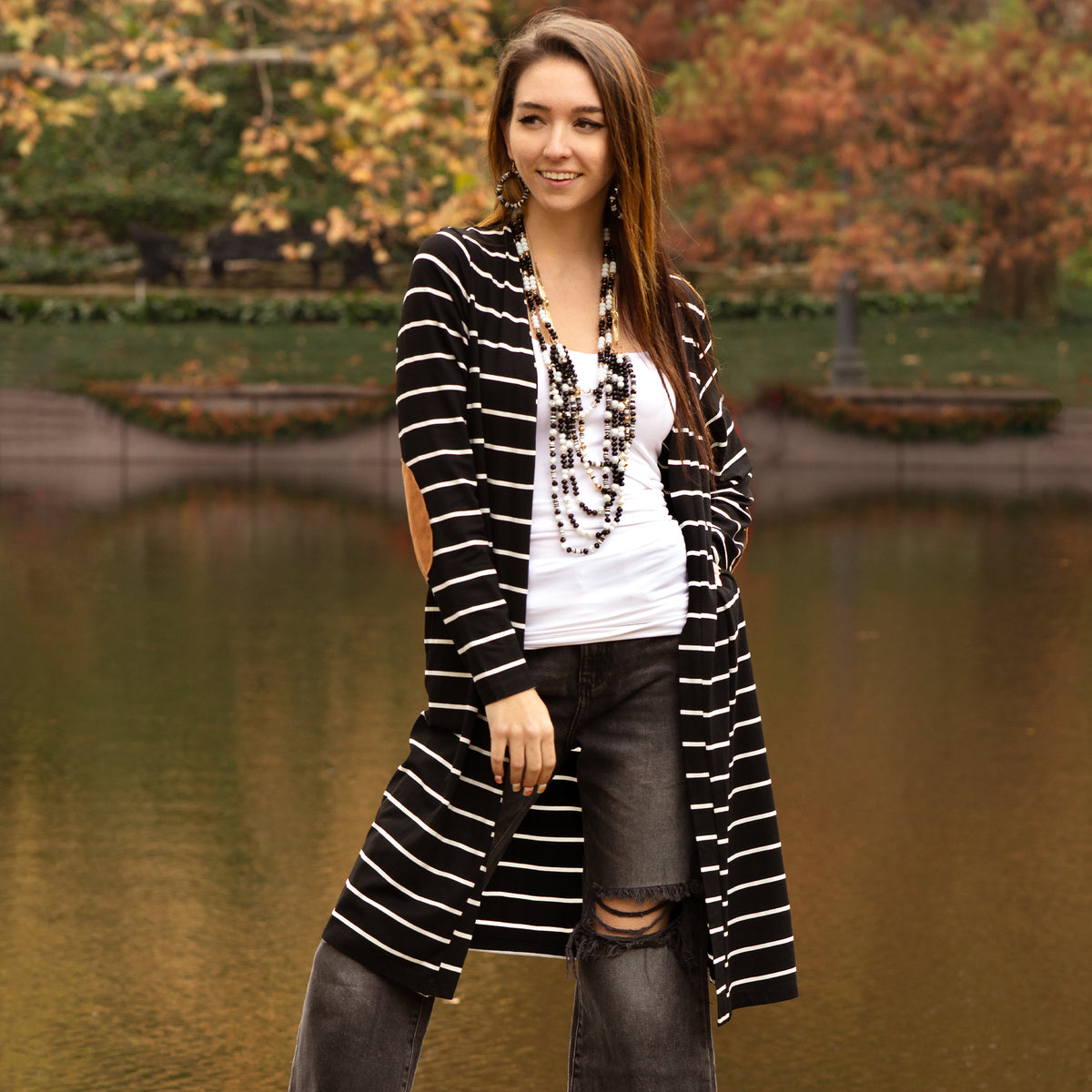 10383 - Striped Cardigan with Elbow Patches and Pockets - Black
