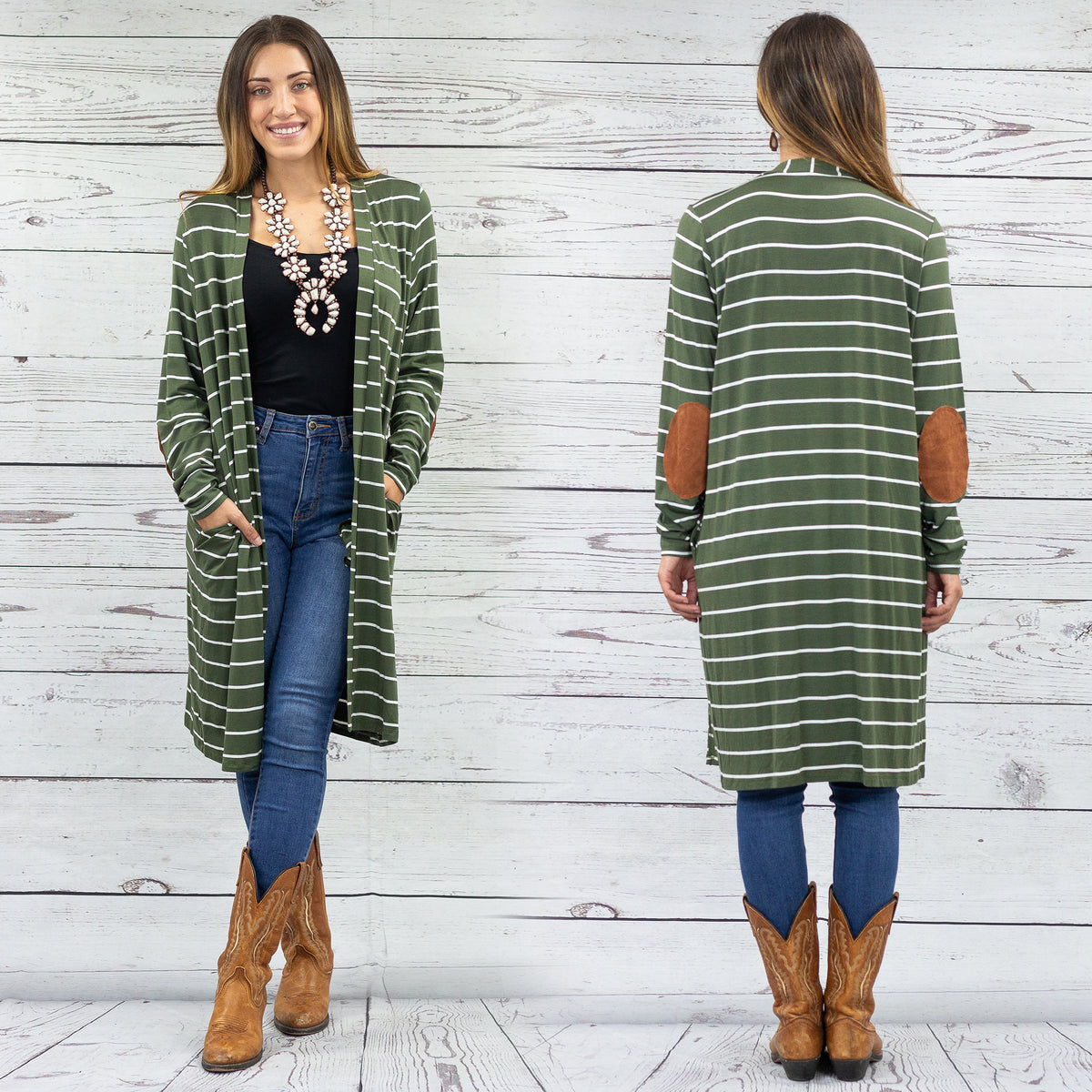 10383 - Striped Cardigan with Elbow Patches and Pockets