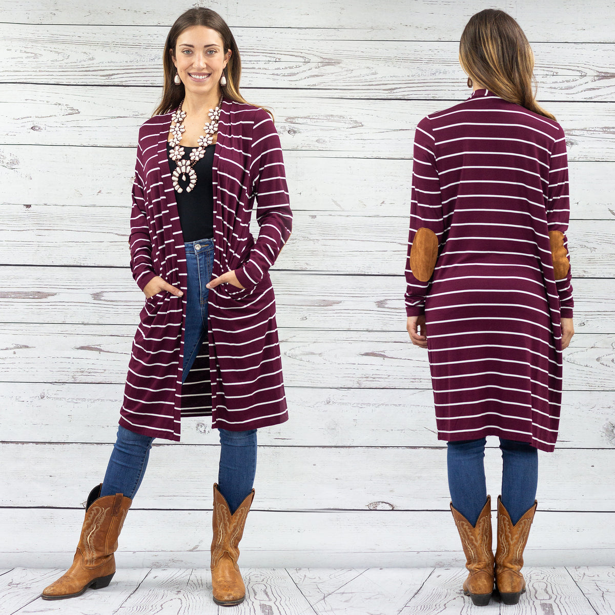 10383 - Striped Cardigan with Elbow Patches and Pockets - Burgundy