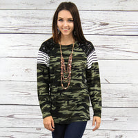 Load image into Gallery viewer, 10399 - Sequin &amp; Stripes Long Sleeve Top - Black Camo
