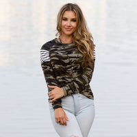 Load image into Gallery viewer, 10399 - Sequin &amp; Stripes Long Sleeve Top - Black Camo
