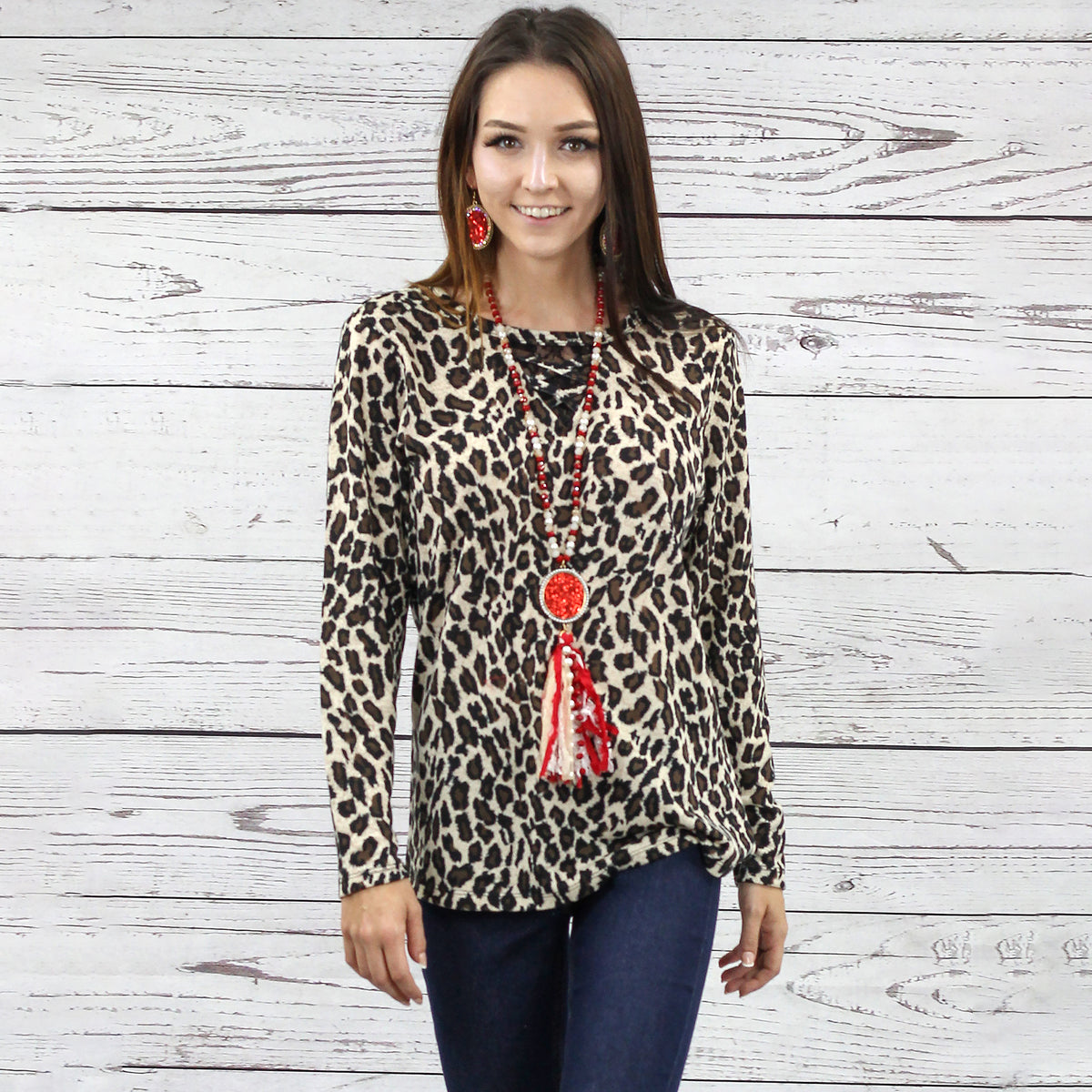 10424 - Leopard Long Sleeve Top with Criss Cross Lace