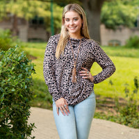 Load image into Gallery viewer, 10424 - Leopard Long Sleeve Top with Criss Cross Lace - Pink
