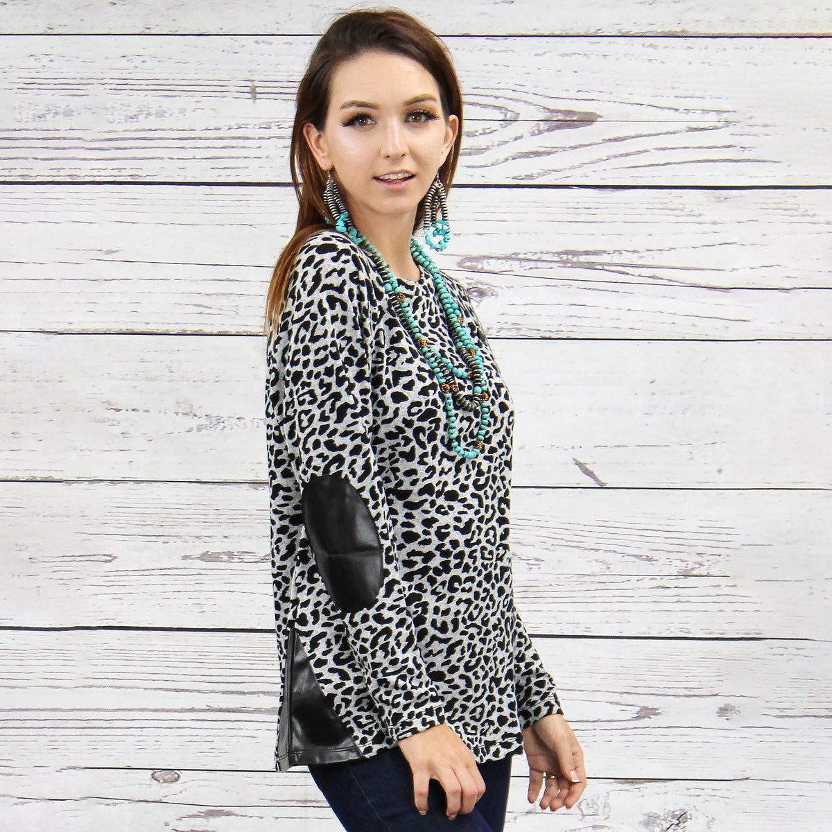 10426 - Leopard Top with Elbow Patches - Grey