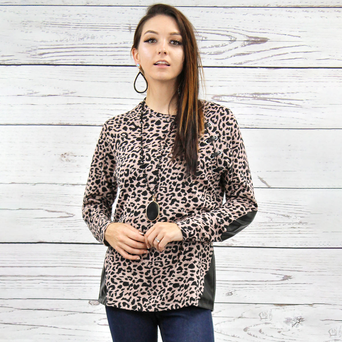 10426 - Leopard Top with Elbow Patches - Pink