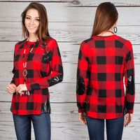 Load image into Gallery viewer, 10427 - Buffalo Plaid Top with Suede Elbow Patch and Buckle - Red Plaid
