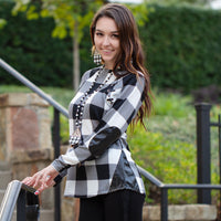 Load image into Gallery viewer, 10427 - Buffalo Plaid Top with Suede Elbow Patch and Buckle - White Plaid
