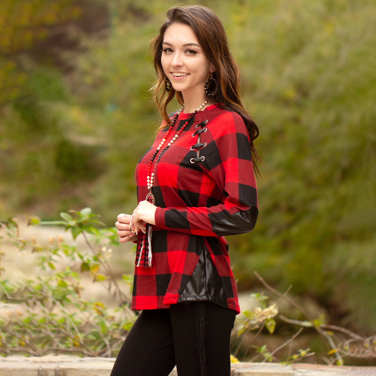 10427 - Buffalo Plaid Top with Suede Elbow Patch and Buckle - Red Plaid