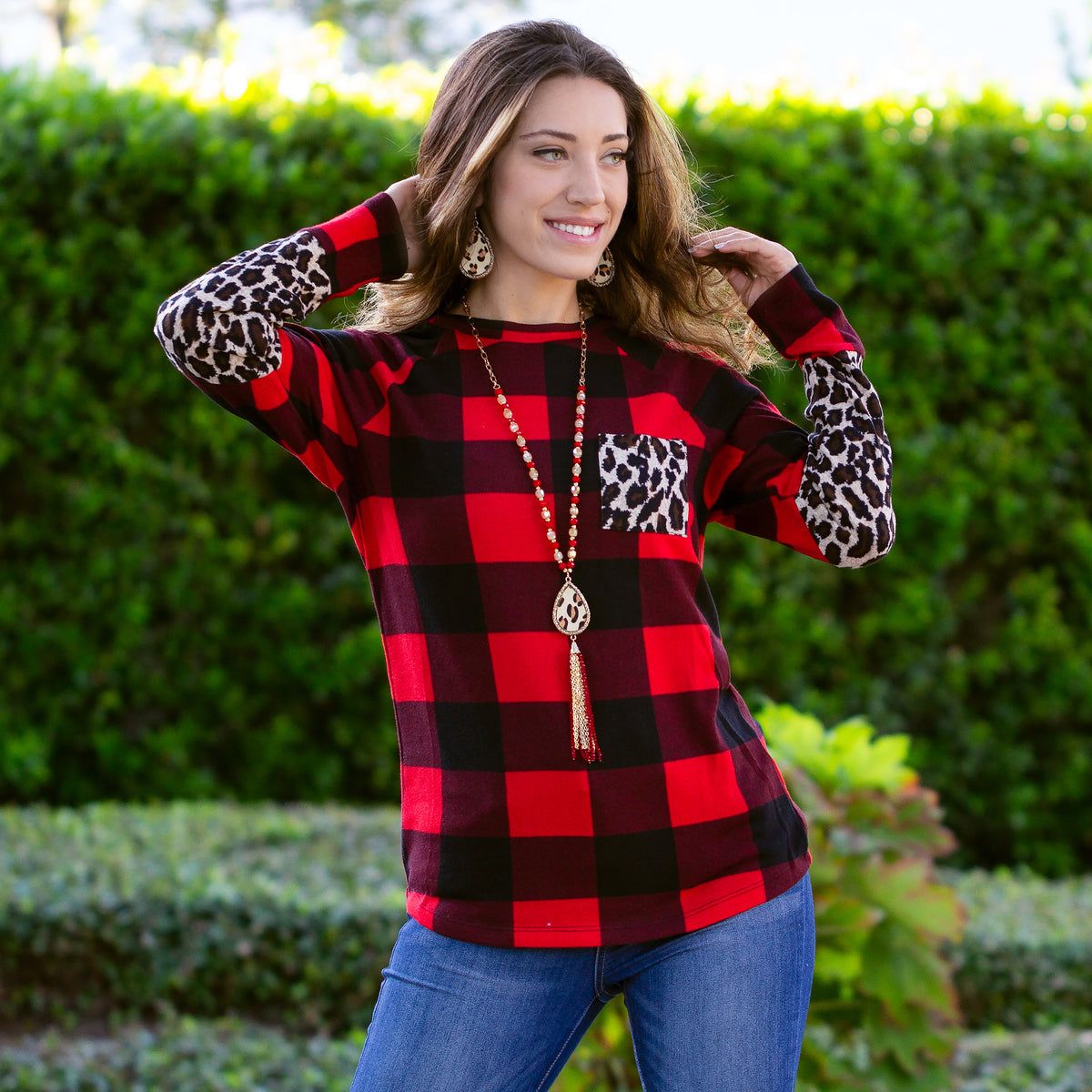 10429 - Plaid and Leopard Long Sleeve Top