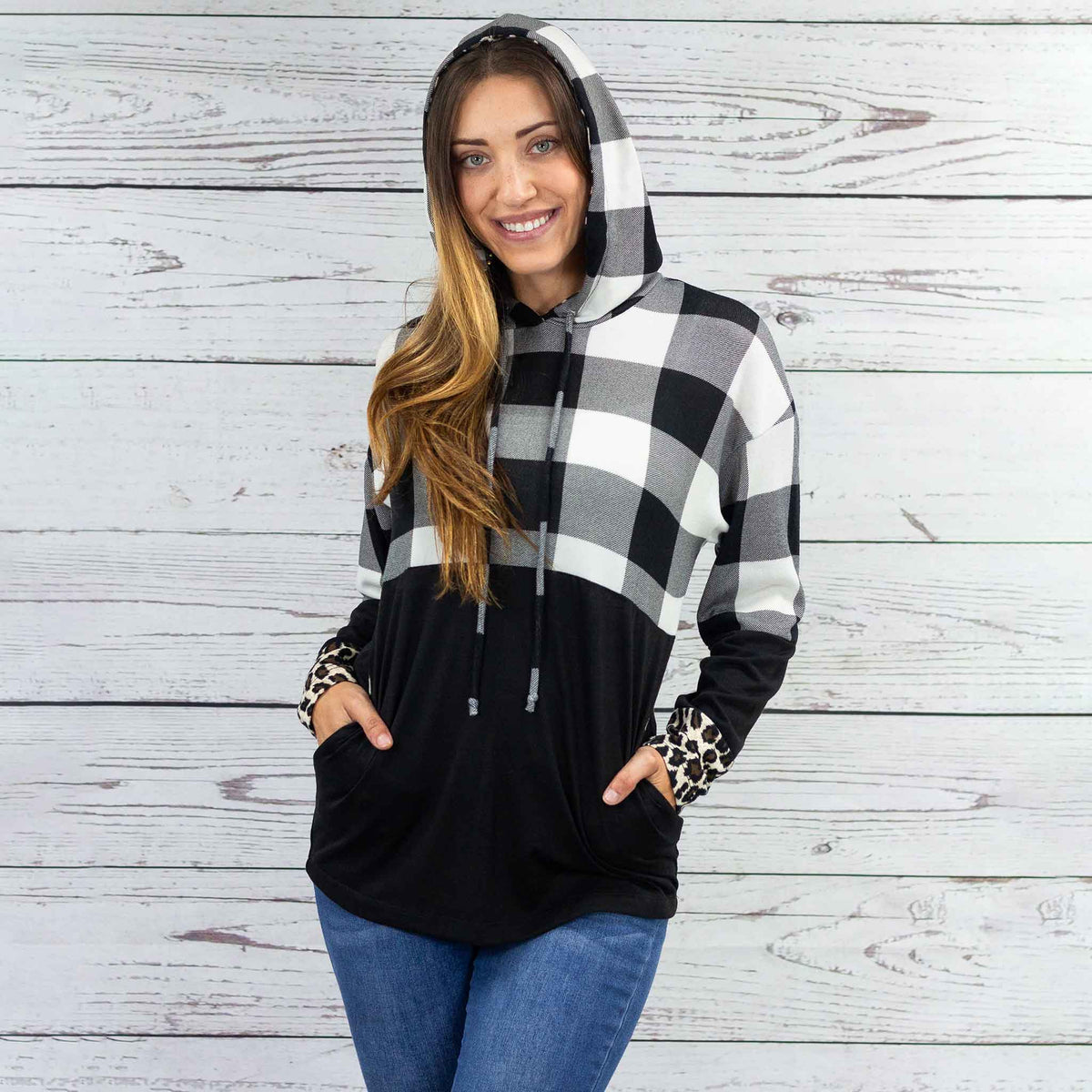 10431 - Buffalo Plaid Hoodie Top with Leopard Accents