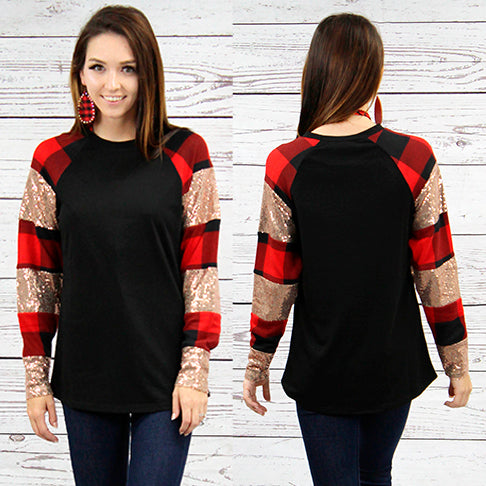 10436 - Plaid and Sequin Long Sleeve Top Gold & Red