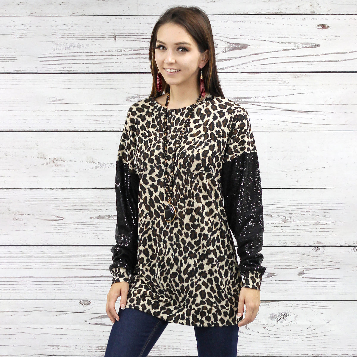 10438 - Leopard with Sequin Long Sleeve Top - Leopard