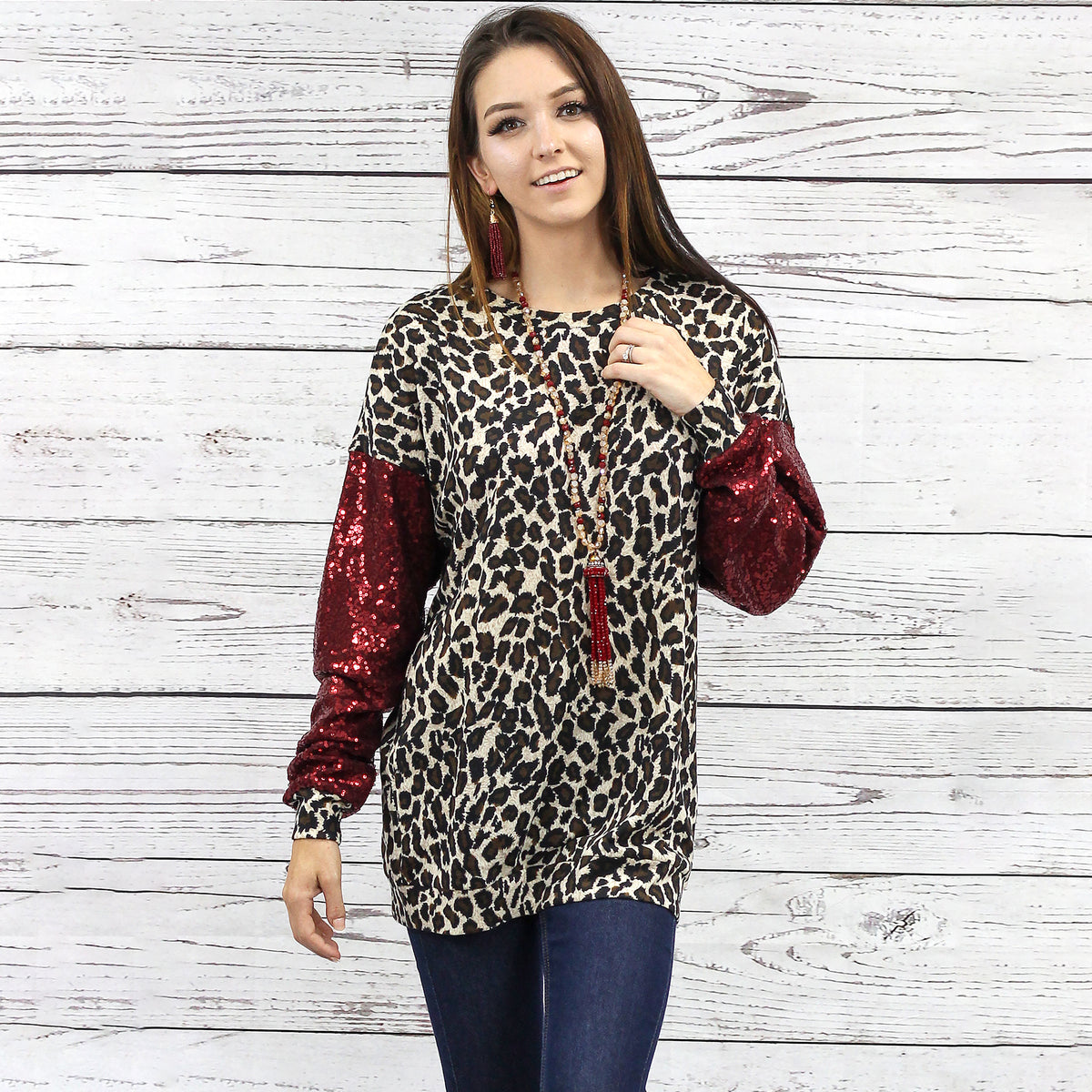 10438 - Leopard with Sequin Long Sleeve Top - Leopard & Red