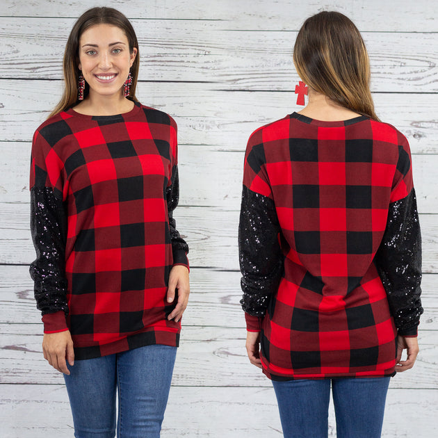 10439 - Buffalo Plaid with Sequin Long Sleeve Top | Your Fashion Wholesale