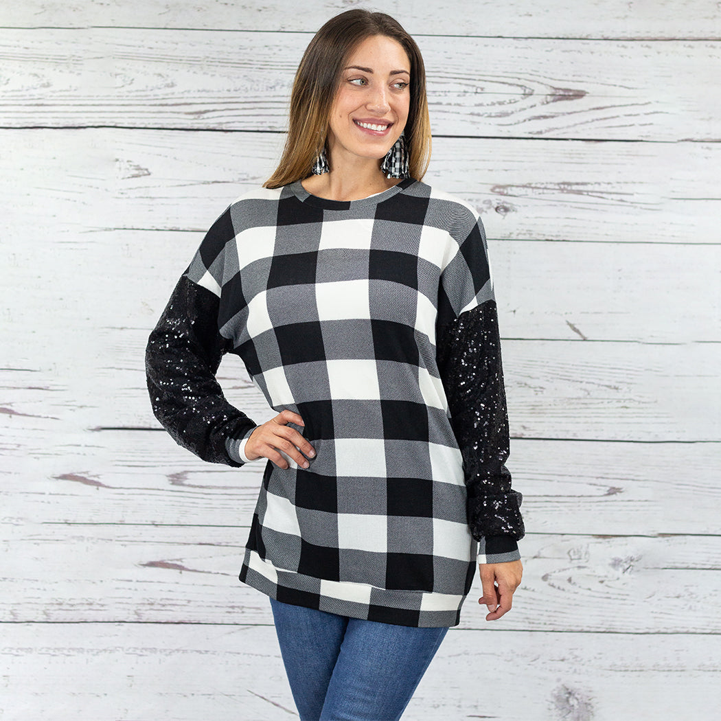 10439 - Buffalo Plaid with Sequin Long Sleeve Top