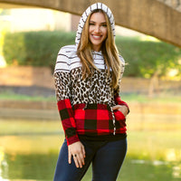 Load image into Gallery viewer, 10442 - Buffalo Plaid and Stripes Hoodie with Pockets - White
