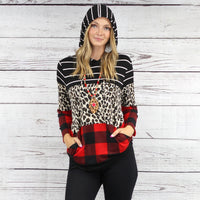 Load image into Gallery viewer, 10442 - Buffalo Plaid and Stripes Hoodie with Pockets - Black
