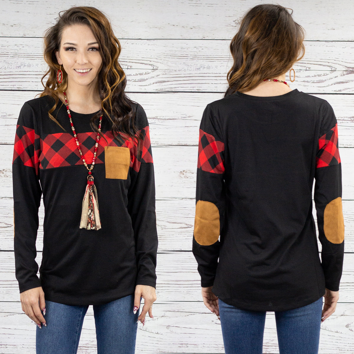 10447 - Plaid Long Sleeve Top with Suede Elbow Patches - Red Plaid