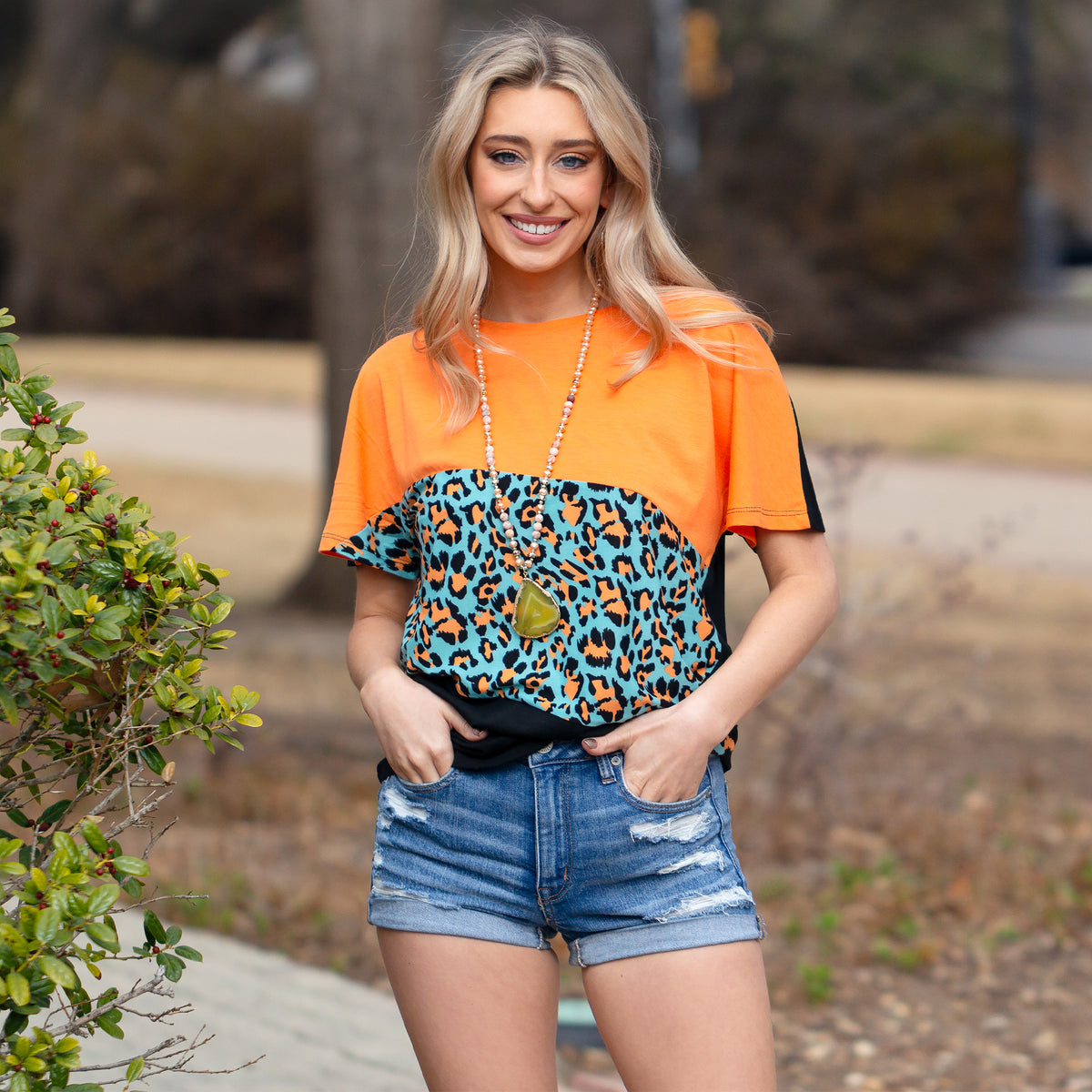 10457 - Tri Color Half Sleeve Top With Leopard Print