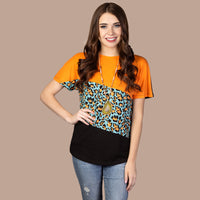 Load image into Gallery viewer, 10457 - Tri Color Half Sleeve Top With Leopard Print
