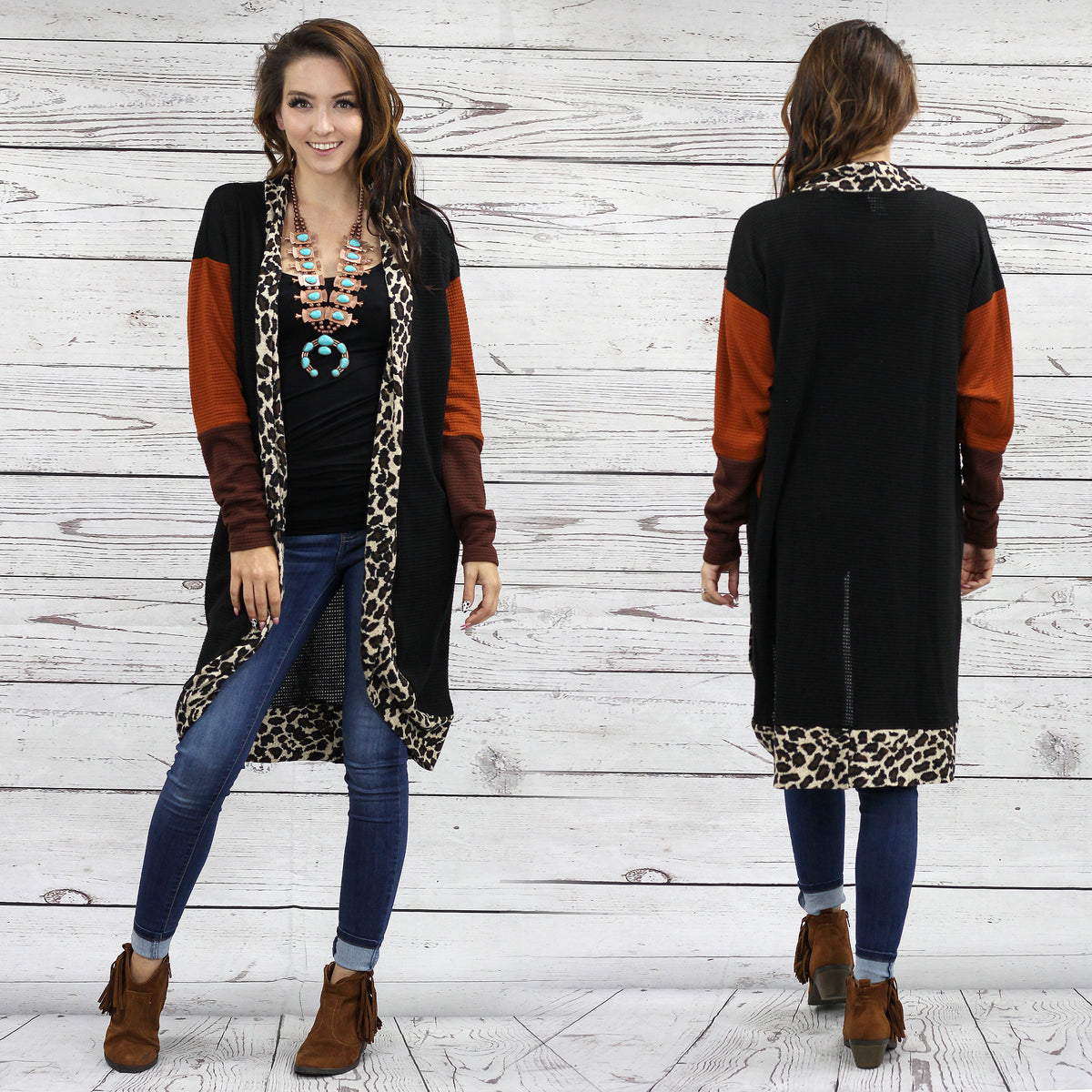10466 - Waffle Knit Leopard Lined Cardigan with Pockets