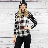 Load image into Gallery viewer, 10481 - Striped Hoodie with Buffalo Plaid Print Top - Black White
