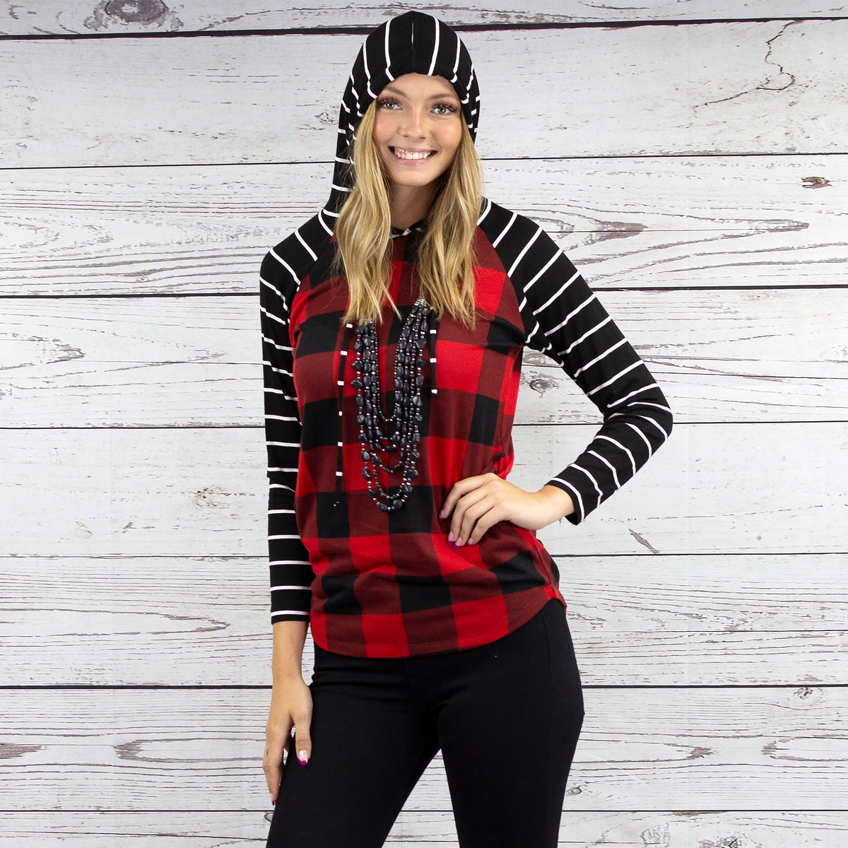 10481 - Striped Hoodie with Buffalo Plaid Print Top - Buffalo Plaid