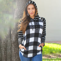 Load image into Gallery viewer, 10481 - Striped Hoodie with Buffalo Plaid Print Top - Black White
