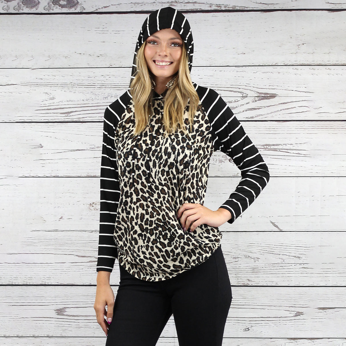 10481 - Striped Hoodie with Buffalo Plaid Print Top - Leopard