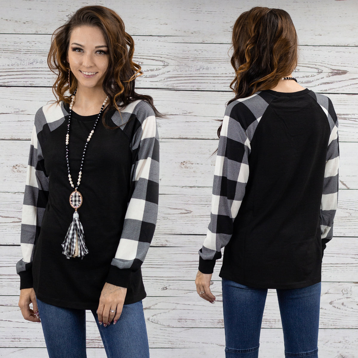 10482 - Plaid Long Sleeve Top - Black