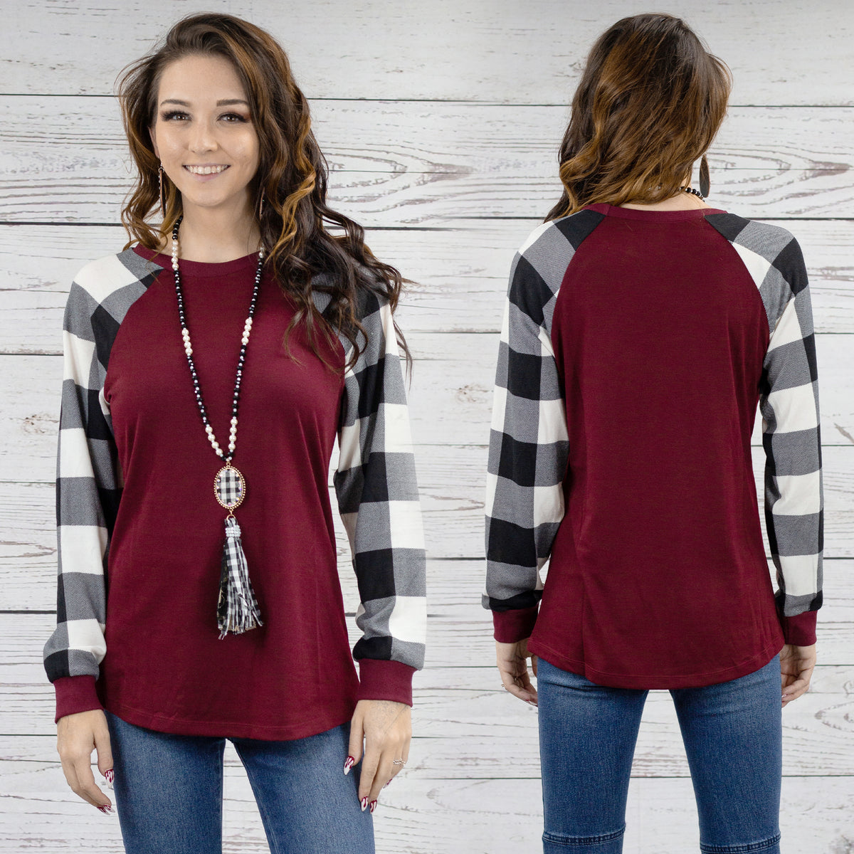 10482 - Plaid Long Sleeve Top - Maroon